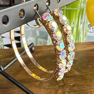 Aurora Borealis crystal large gold steel hoop earrings/manifesting success /